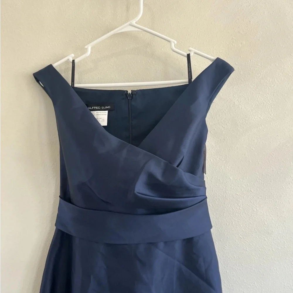 ALFRED SUNG Navy Blue V-Neck Satin Maxi Dress - Picture 4 of 9
